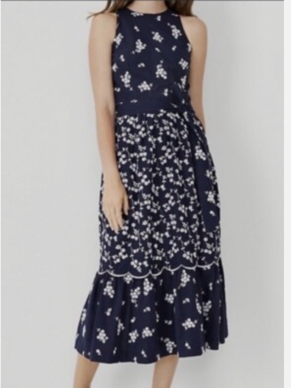 Ann Taylor Navy Floral Sleeveless Midi Dress Size 12 White Lined GUC